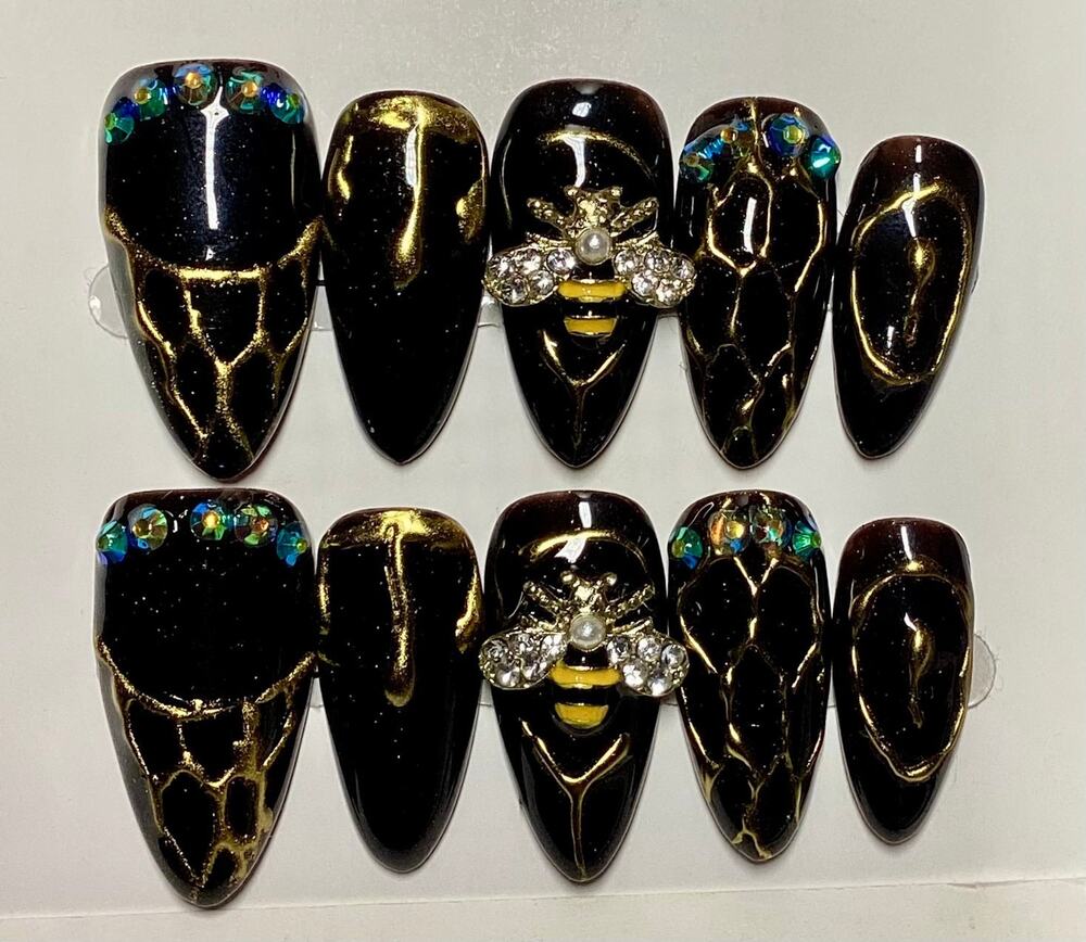 Gorgeous Black Gold Chrome Honey Gem Bee Almond Press On Nails Medium & Large